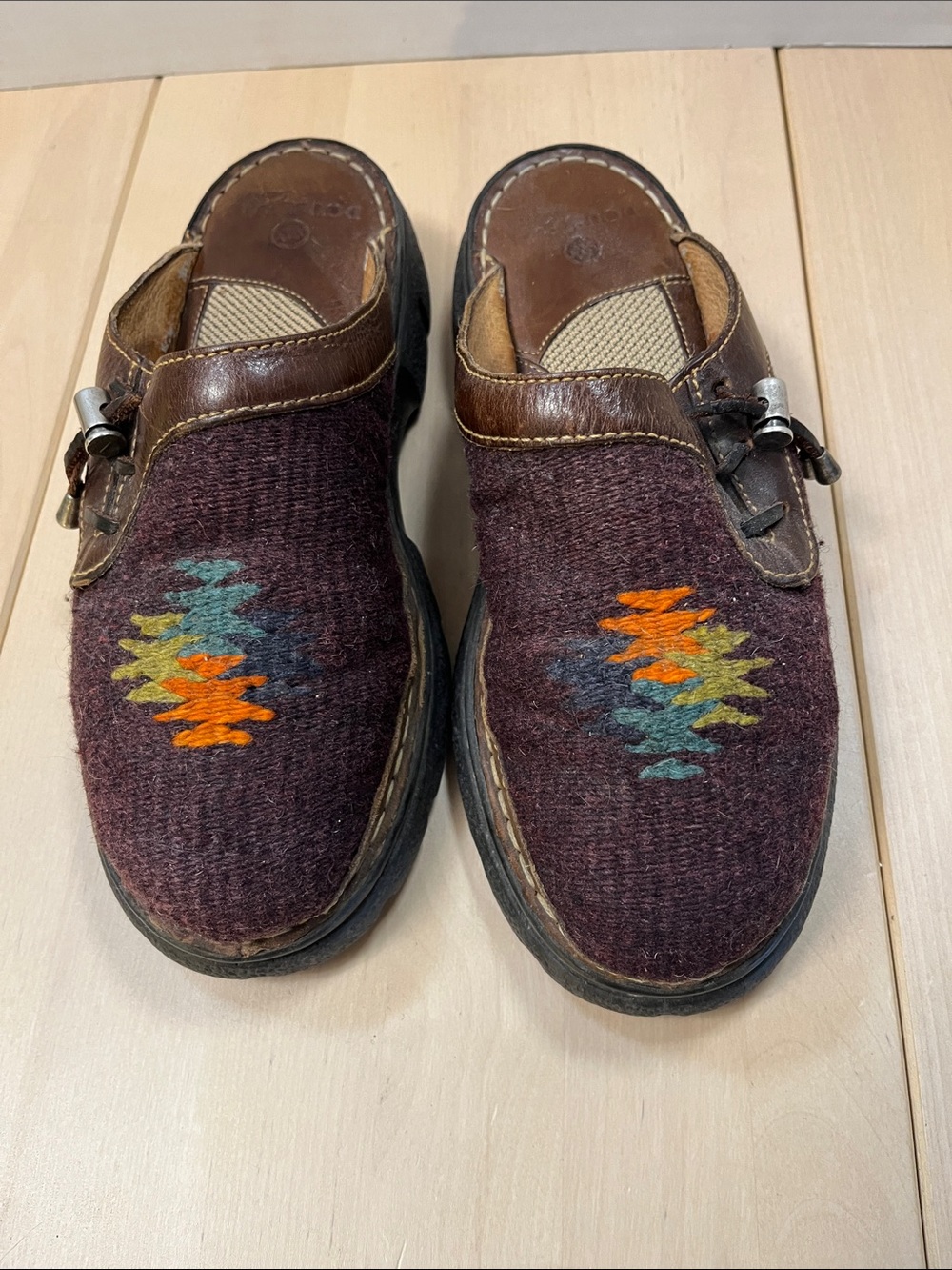 Double-H Boots Brown Leather & Purple Aztec Woven Clogs Mules Women’s Size 7.5